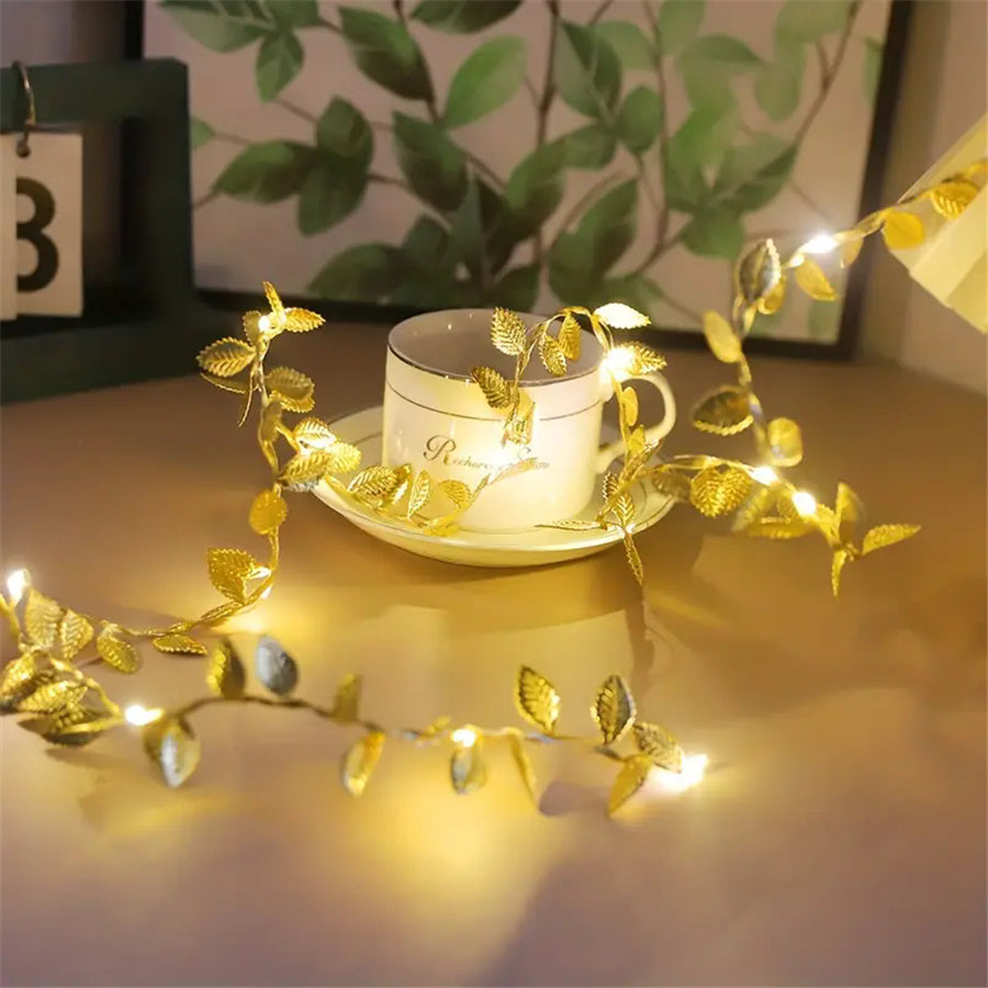 16ft 50LED Golden Artificial Plant Leaf Fairy Lights for Garden Decor
