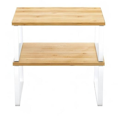 Cabinet Organizer Shelf, Set of 2 Kitchen Counter Shelves, Kitchen Storage, Spice Rack, Stackable, Expandable, Metal and Engineered Wood, Cloud White and Natural Beige UKCS02NW