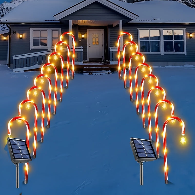 16 Solar-Powered Candy Cane Lights, 5-In-1, 96 LED Bulbs, 8 Lighting Modes, Indoor And Outdoor Christmas Decoration, Festive Red And White Striped Design, Suitable for Lawns, Yards, Gardens, Christmas Trees, Solar Christmas Lights.