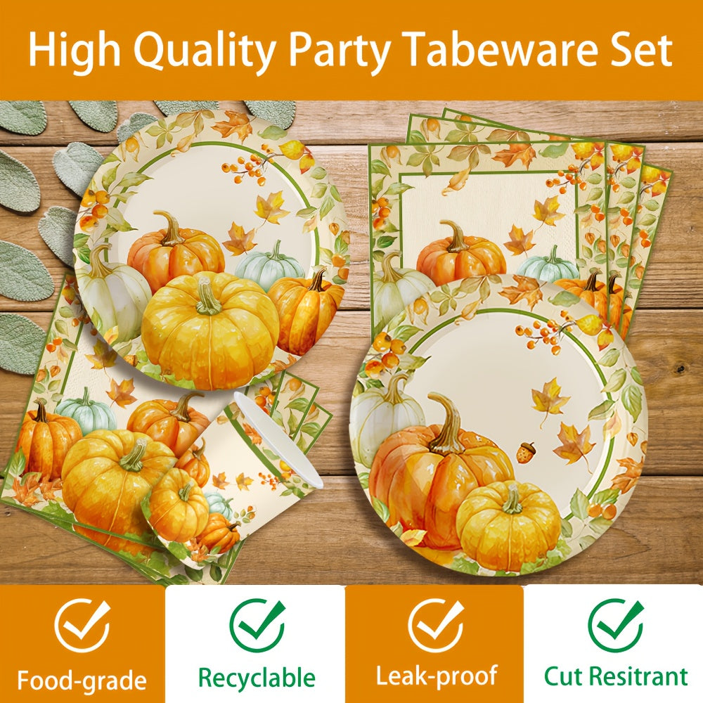 140-Pc Fall Party Tableware Set - Thanksgiving Pumpkin & Maple Leaf Plates, Napkins for 20 Guests - Disposable Dinnerware for Halloween, Autumn Birthday Decor
