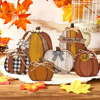 Set of 6 Wooden Fall Tiered Tray Decor - Rustic Pumpkin & Autumn Sign Set for Farmhouse Thanksgiving Tabletop Displays