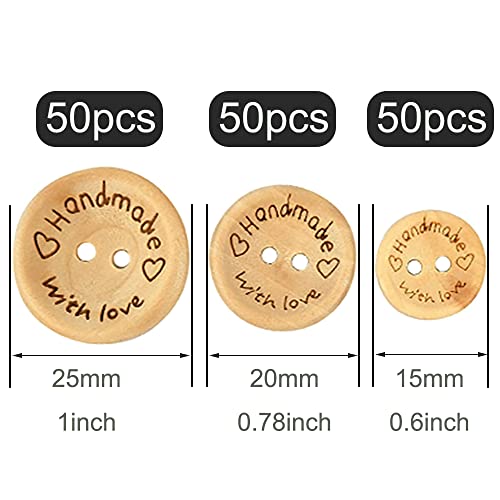 Handmade with Love Buttons - 150 Pcs Round Wooden Craft Decor Buttons, 2 Holes for 15mm/20mm/25mm Sewing