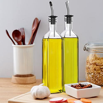 Olive Oil Dispenser Bottle, 2 Pcs Glass Olive Oil Dispenser and Vinegar Dispenser Set with 2 Stainless Steel Pourers, 4 Labels,1 Brush and 1 Funnel Oil Bottles for Kitchen (500ml) & Organizer Storage Tote Bag