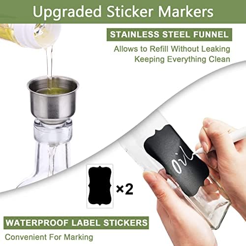 Olive Oil Dispenser Bottle, 2 Pcs Glass Olive Oil Dispenser and Vinegar Dispenser Set with 2 Stainless Steel Pourers, 4 Labels,1 Brush and 1 Funnel Oil Bottles for Kitchen (500ml) & Organizer Storage Tote Bag