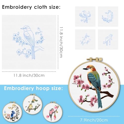 4 Sets Embroidery Kit for Beginners,Hummingbird and Flower Cross Stitch Set for Include Embroidery Cloth Hoops Threads for Craft Lover Hand Stitch (Flowers and Birds)