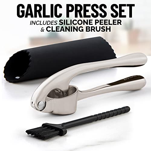 Kitchen Premium Garlic Press Set - Rust Proof & Dishwasher Safe Professional Garlic Mincer Tool - Easy-Squeeze, Easy-Clean with Soft, Ergonomic Handle - Silicone Garlic Peeler & Brush (Silver)