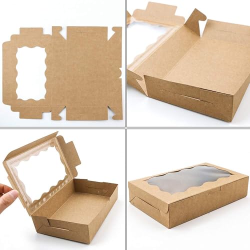 30 Pack 7" x 4 3/8" x 1 1/2" Small Kraft Cookie Boxes with Clear Window - Ideal for Desserts, Pastries & Candies - Perfect for Weddings, Parties & More