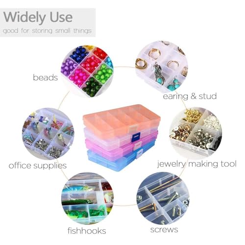 15 Girds Bead Organizer(4 Pack), Earring Organizer Box, SMALL Plastic Containers with Adjustable Dividers for Crafts Jewelry Screws Fishing Tackles Small Items, Size 6.9×3.9×0.9in