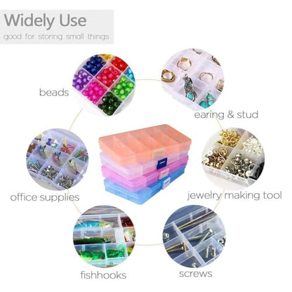 15 Girds Bead Organizer(4 Pack), Earring Organizer Box, SMALL Plastic Containers with Adjustable Dividers for Crafts Jewelry Screws Fishing Tackles Small Items, Size 6.9×3.9×0.9in