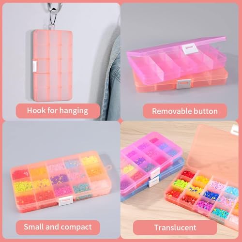 15 Girds Bead Organizer(4 Pack), Earring Organizer Box, SMALL Plastic Containers with Adjustable Dividers for Crafts Jewelry Screws Fishing Tackles Small Items, Size 6.9×3.9×0.9in