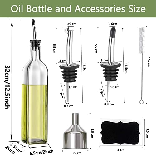 Olive Oil Dispenser Bottle, 2 Pcs Glass Olive Oil Dispenser and Vinegar Dispenser Set with 2 Stainless Steel Pourers, 4 Labels,1 Brush and 1 Funnel Oil Bottles for Kitchen (500ml) & Organizer Storage Tote Bag
