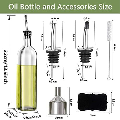 Olive Oil Dispenser Bottle, 2 Pcs Glass Olive Oil Dispenser and Vinegar Dispenser Set with 2 Stainless Steel Pourers, 4 Labels,1 Brush and 1 Funnel Oil Bottles for Kitchen (500ml) & Organizer Storage Tote Bag