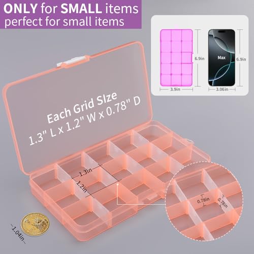 15 Girds Bead Organizer(4 Pack), Earring Organizer Box, SMALL Plastic Containers with Adjustable Dividers for Crafts Jewelry Screws Fishing Tackles Small Items, Size 6.9×3.9×0.9in