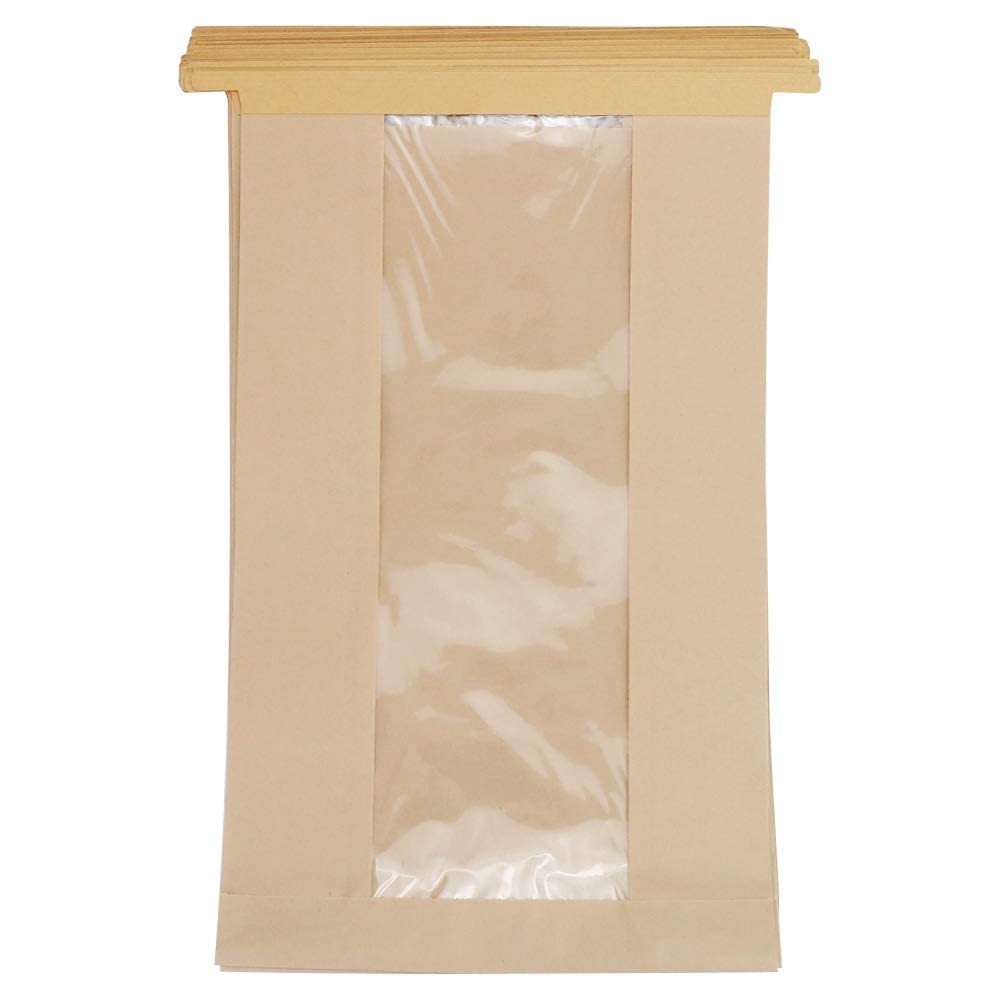 50 Pack Large Kraft Paper Bread Loaf Bag with Clear Front Window,Tin Tie Tab Lock Brown Bakery Coffee Cookie Treat Packaging Bags with 60 PCS Label Seal stickers(14" x 8.3" x 3.5")