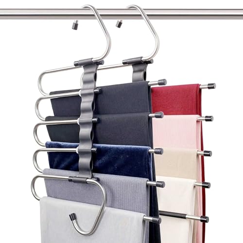 Pants Hangers Space Saving 2-Pack - 5-Tier, Non-slip, Stainless Steel Pants Organizer for Closet, Hangs Horizontally or Vertically, Multifunctional Storage for Jeans, Skirts, Scarves, Leggings, Shorts
