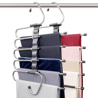 Pants Hangers Space Saving 2-Pack - 5-Tier, Non-slip, Stainless Steel Pants Organizer for Closet, Hangs Horizontally or Vertically, Multifunctional Storage for Jeans, Skirts, Scarves, Leggings, Shorts