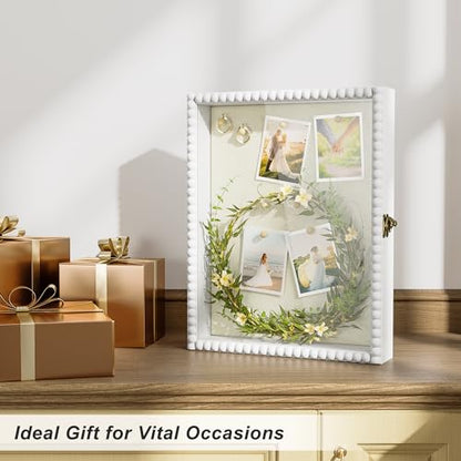 Shadow Box Frame 11x14, Deep Large Shadow Box Display Case with Unique Beads Door and Glass Window, Wood Memory Box for Pictures,Medals,Memorabilia,Collections White
