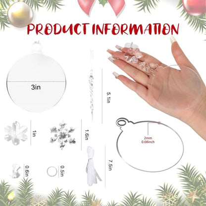 96 pcs Christmas Acrylic Hanging Ornament Set 3 Inch Clear Acrylic Flat Disc Ornaments DIY Christmas Crafts with Transparent Crystal Snowflakes for Xmas Winter New Year Party Hanging Decor