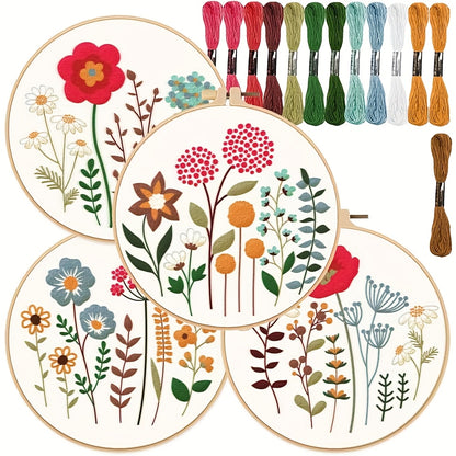 4pcs Set of Fluffy Flower and Grass Pattern Embroidery DIY, Theme Embroidery Cross Stitch Art Kit