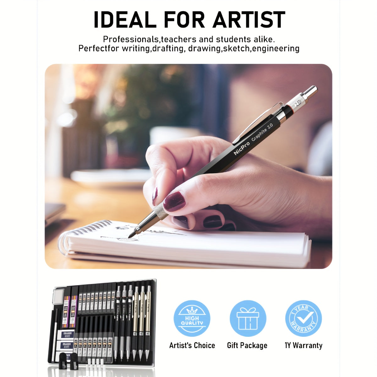 34pcs Art Mechanical Pencil Set in Case, 6 Drafting Pencil 0.5 0.7 0.9 2mm Lead Holder