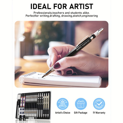 34pcs Art Mechanical Pencil Set in Case, 6 Drafting Pencil 0.5 0.7 0.9 2mm Lead Holder
