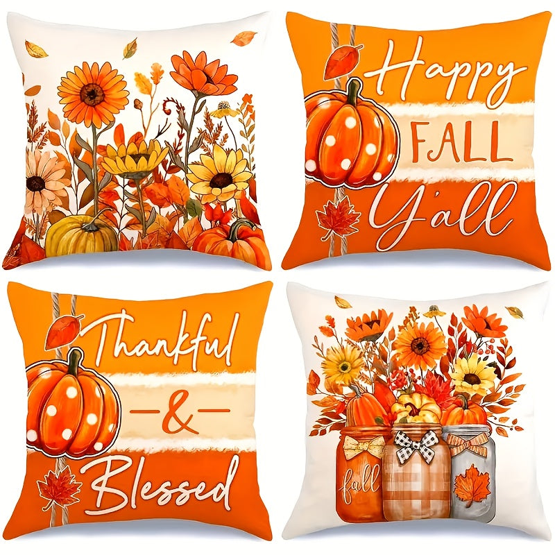 Set of 4 Fall Throw Pillow Covers - Rustic Farmhouse Pumpkin, Sunflower & Mason Jar Designs for Thanksgiving Home Decor - 18x18 Inch