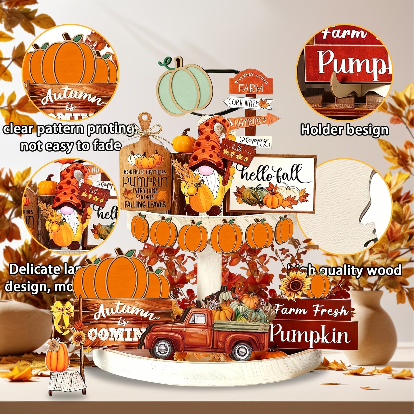 16-Piece Wooden Fall Tiered Tray Decor Set - Pumpkin & Sign Thanksgiving Decor for Farmhouse Tabletop, Halloween & Christmas Displays
