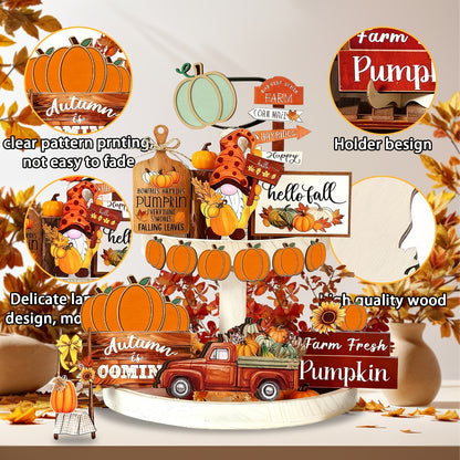 16-Piece Wooden Fall Tiered Tray Decor Set - Pumpkin & Sign Thanksgiving Decor for Farmhouse Tabletop, Halloween & Christmas Displays