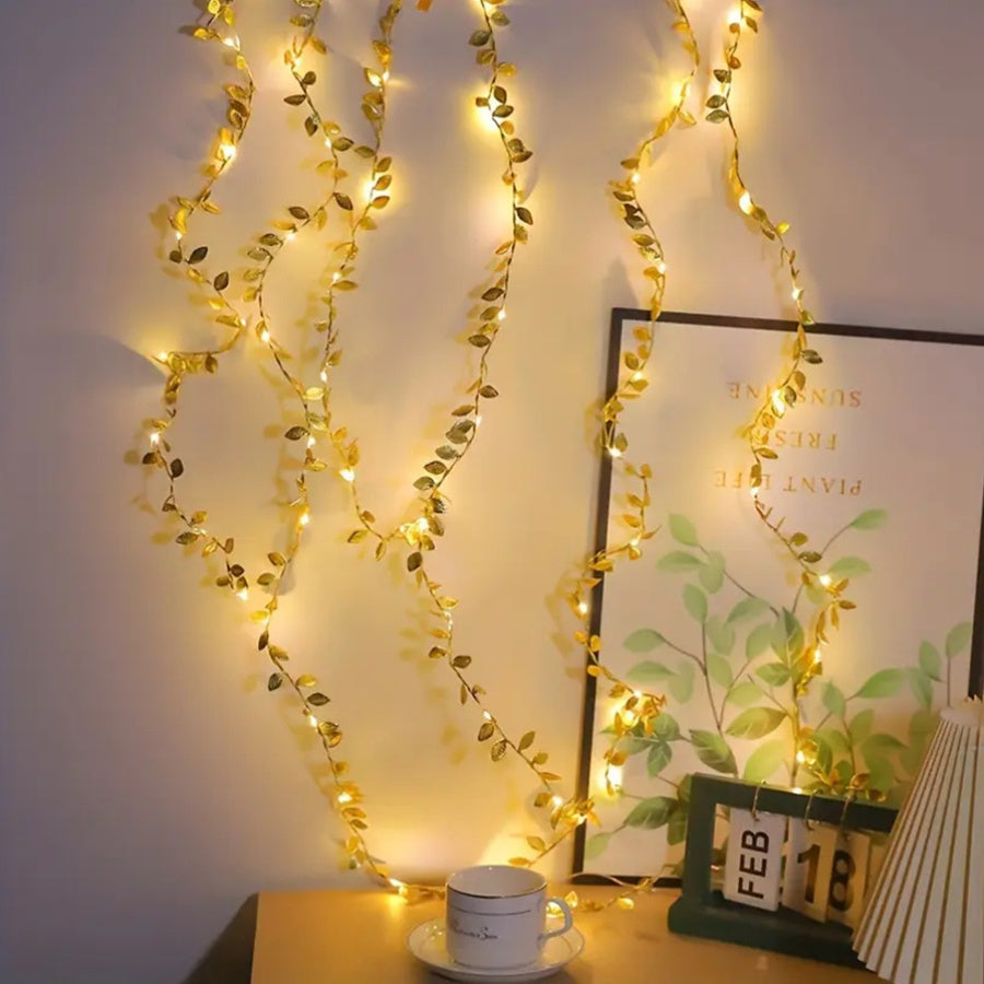 16ft 50LED Golden Artificial Plant Leaf Fairy Lights for Garden Decor