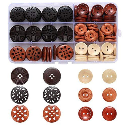 Assorted Round Wood Wooden Buttons Black Brown Beige 4 Hole Mixed Sewing Art DIY Craft Supplies Kits with Box 118pcs
