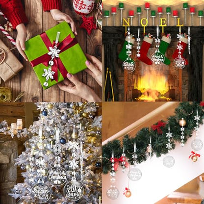 96 pcs Christmas Acrylic Hanging Ornament Set 3 Inch Clear Acrylic Flat Disc Ornaments DIY Christmas Crafts with Transparent Crystal Snowflakes for Xmas Winter New Year Party Hanging Decor