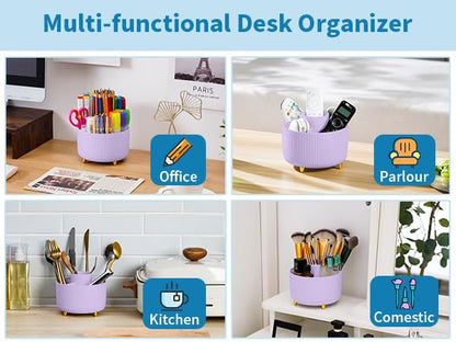 Desk Organizer, 360-Degree Rotating Pen Holder, Desk Organizers and Accessories with 5 Compartments Pencil Organizer, Art Supply Storage Box Caddy for Office, Home(Pink/Purple Random)