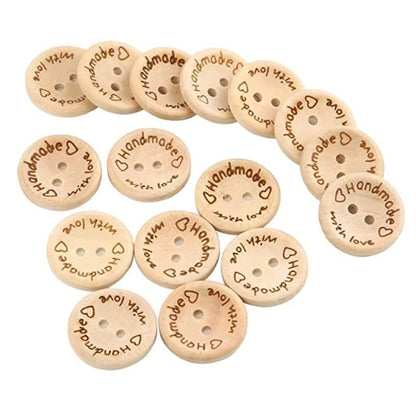 Handmade with Love Buttons - 150 Pcs Round Wooden Craft Decor Buttons, 2 Holes for 15mm/20mm/25mm Sewing