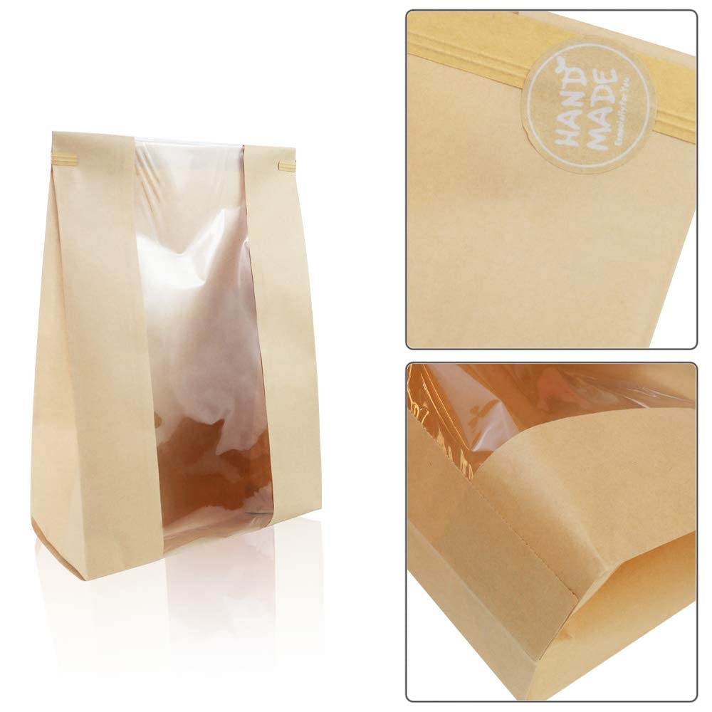50 Pack Large Kraft Paper Bread Loaf Bag with Clear Front Window,Tin Tie Tab Lock Brown Bakery Coffee Cookie Treat Packaging Bags with 60 PCS Label Seal stickers(14" x 8.3" x 3.5")