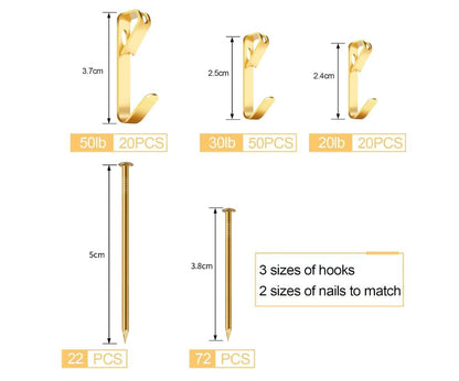 184 Pieces Picture Hanging Kit, 20lb, 30lb, and 50lb Picture Hangers, Metal Picture Hanging Hooks with Nails, on Drywall, Wooden Wall(Gold)