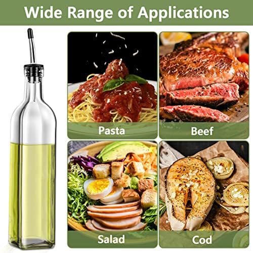 Olive Oil Dispenser Bottle, 2 Pcs Glass Olive Oil Dispenser and Vinegar Dispenser Set with 2 Stainless Steel Pourers, 4 Labels,1 Brush and 1 Funnel Oil Bottles for Kitchen (500ml) & Organizer Storage Tote Bag