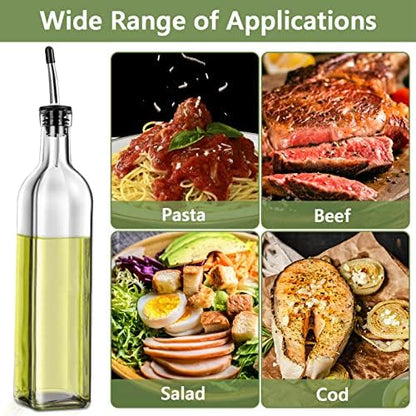 Olive Oil Dispenser Bottle, 2 Pcs Glass Olive Oil Dispenser and Vinegar Dispenser Set with 2 Stainless Steel Pourers, 4 Labels,1 Brush and 1 Funnel Oil Bottles for Kitchen (500ml) & Organizer Storage Tote Bag