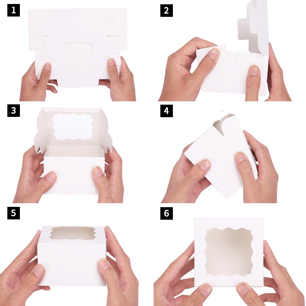 50pcs White Cookie Boxes with Window, 4x4x2.5 Inches Bakery Boxes with 5pcs Stickers for Small Cookies, Treats, Desserts, Chocolate Covered Strawberries, Mini Cake