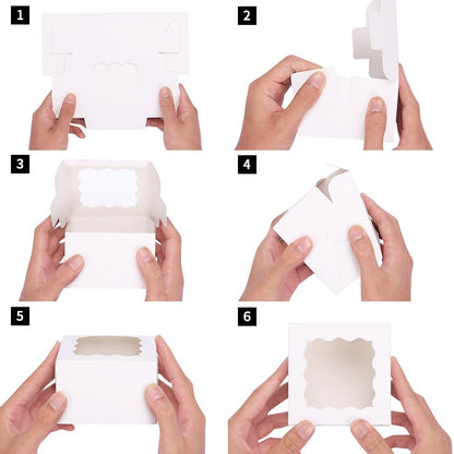 50pcs White Cookie Boxes with Window, 4x4x2.5 Inches Bakery Boxes with 5pcs Stickers for Small Cookies, Treats, Desserts, Chocolate Covered Strawberries, Mini Cake