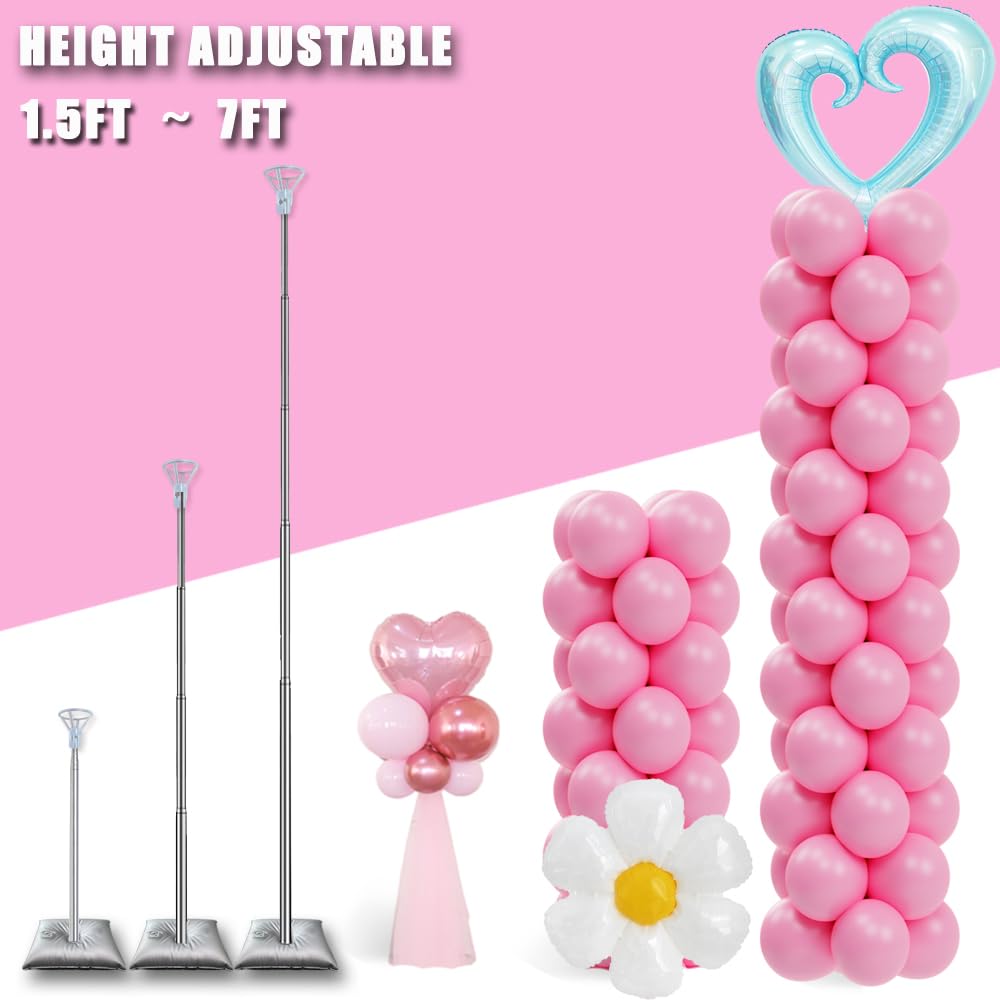 Balloon Column Stand Set of 2, Adjustable 7 Feet Ballon Arch Stands with Bases for Floor, Tall Baloon Tower Pillar Assembly Kit for Halloween, Birthday, Party Decorations
