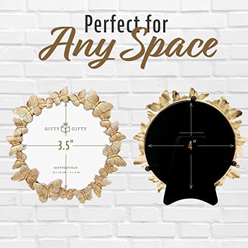 Round Butterfly Picture Frame with Gold With White Painted Frame 4”x4” Personalized Photo Frame Round Shape, for Vertical Display on Tabletop, Home Decor, Wedding or any Milestone Photos