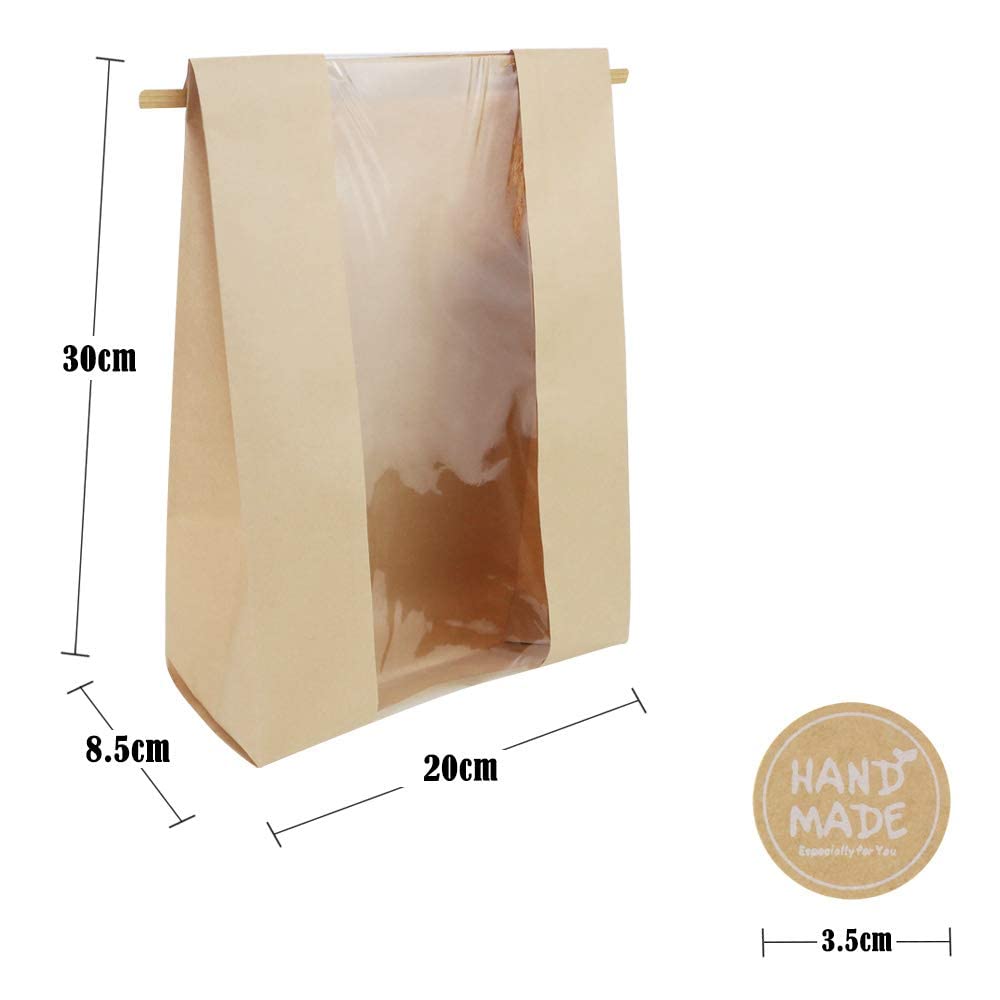50 Pack Large Kraft Paper Bread Loaf Bag with Clear Front Window,Tin Tie Tab Lock Brown Bakery Coffee Cookie Treat Packaging Bags with 60 PCS Label Seal stickers(14" x 8.3" x 3.5")