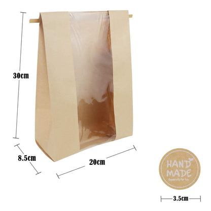 50 Pack Large Kraft Paper Bread Loaf Bag with Clear Front Window,Tin Tie Tab Lock Brown Bakery Coffee Cookie Treat Packaging Bags with 60 PCS Label Seal stickers(14" x 8.3" x 3.5")