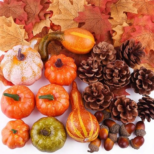 50 PCS Thanksgiving Fall Harvest Decor Set, 8 PCS Artificial Pumpkins,30 PCS Lifelike Maple Leaves,10pcs Realistic Acorn,2pcs Pine Cones,Halloween Wedding Tables Centerpieces