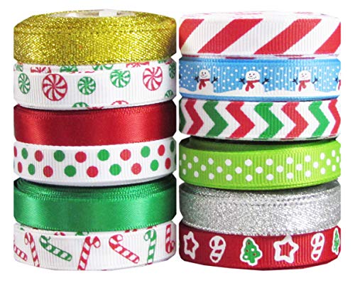 Holiday Christmas Grosgrain Ribbon Set for Gift Package Wrapping, Hair Bow Clip Accessory Making, Crafting, Decoration (60yd(12x5yd) 3/8" Grosgrain Ribbon-Xmas)