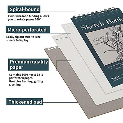 5.5" x 8.5" Sketchbook Set, Top Spiral Bound Sketch Pad, 2 Packs 100 Sheets Each (68lb/100gsm), Acid Free Art Sketch Book Artistic Drawing Painting Writing Paper for Beginners Artists