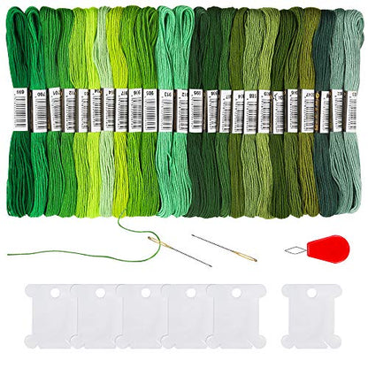 24 Skeins Friendship Bracelets Floss, Green Gradient Embroidery Floss, Cross Stitch Threads with 6 Floss Bobbins, 2 Embroidery Needles and 1 Needle Threader for Cross Stitch Project