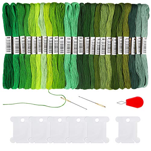 24 Skeins Friendship Bracelets Floss, Green Gradient Embroidery Floss, Cross Stitch Threads with 6 Floss Bobbins, 2 Embroidery Needles and 1 Needle Threader for Cross Stitch Project