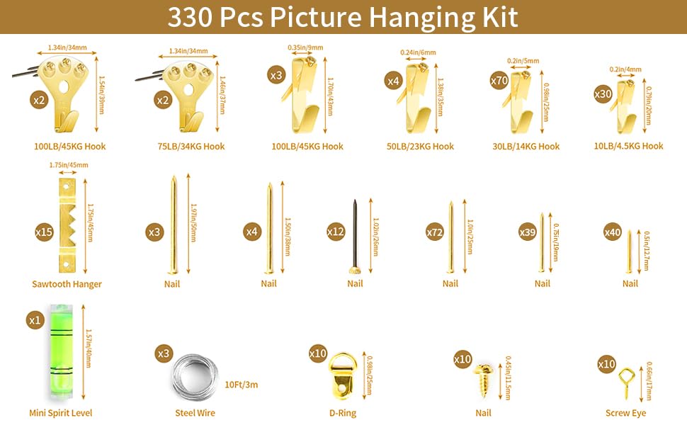 Picture Hanging Assortment Kit, 330PCS Picture Hanging Kit, Picture Hangers, Picture Hanging Hooks, with Sawtooth, Screw Eyes, D Rings, Nails, Screws, Steel Wire,10-100lb Frame Hanging Hardware