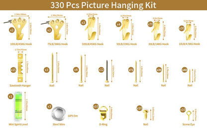 Picture Hanging Assortment Kit, 330PCS Picture Hanging Kit, Picture Hangers, Picture Hanging Hooks, with Sawtooth, Screw Eyes, D Rings, Nails, Screws, Steel Wire,10-100lb Frame Hanging Hardware